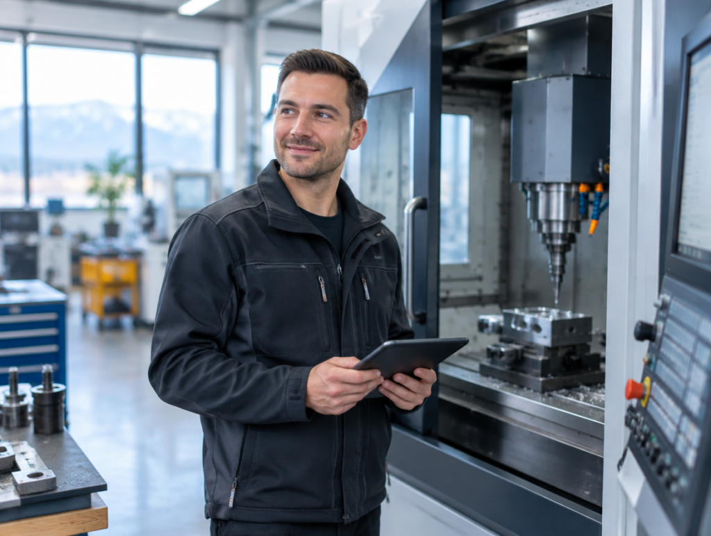 Fachkraft mit Tablet an einer CNC-Maschine in einer modernen Werkstatt